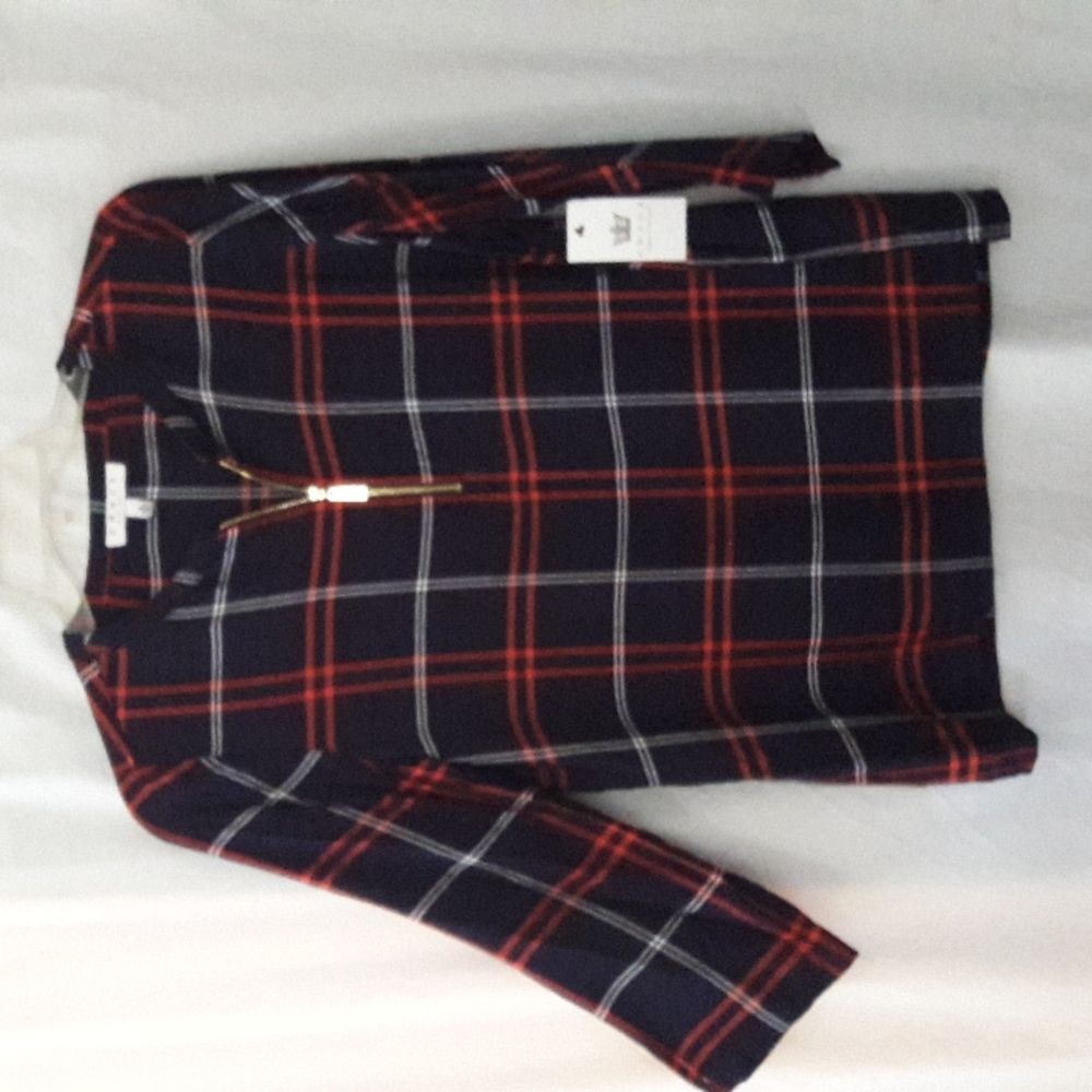 CHAUS Women Blouse Zipper Plaid Navy Size S 3/4 Length Sleeves New with …